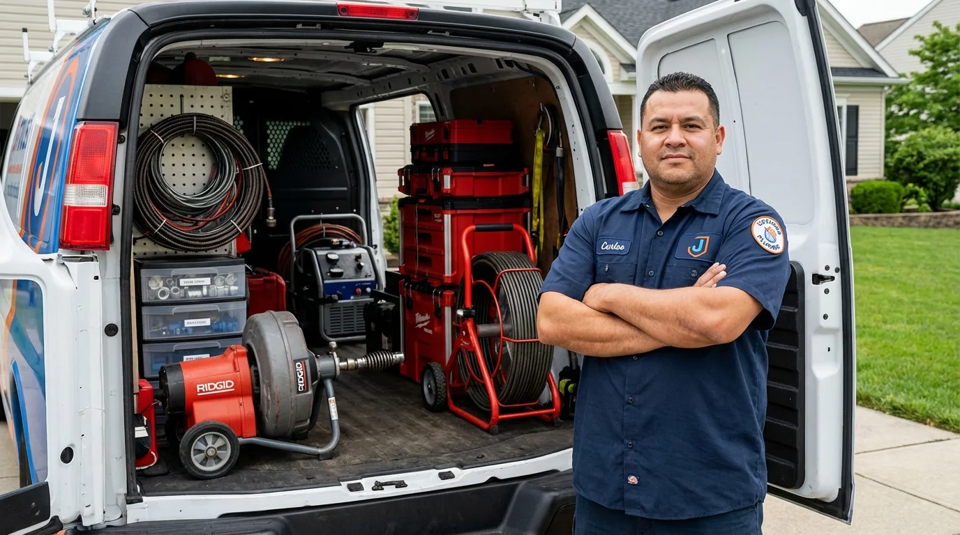 Professional drain cleaning equipment and Johns Plumbing LLC plumber in Guildhall