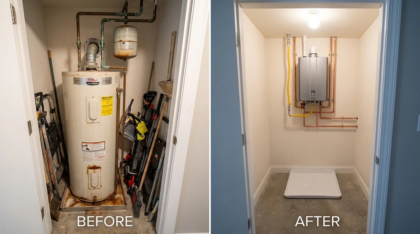 Tank water heater versus wall-mounted tankless unit comparison for Guildhall, VT homeowners