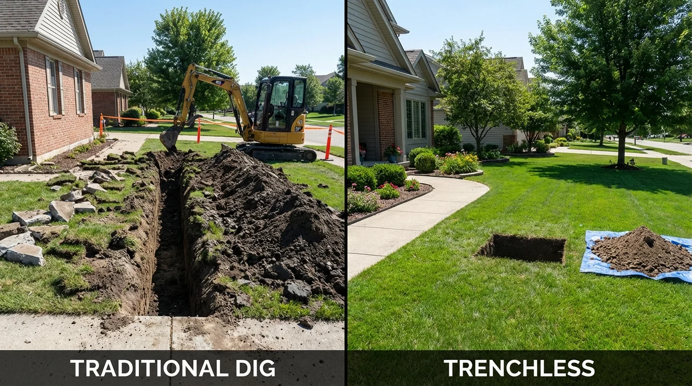 Trenchless sewer repair with minimal yard damage versus traditional excavation in Guildhall, VT